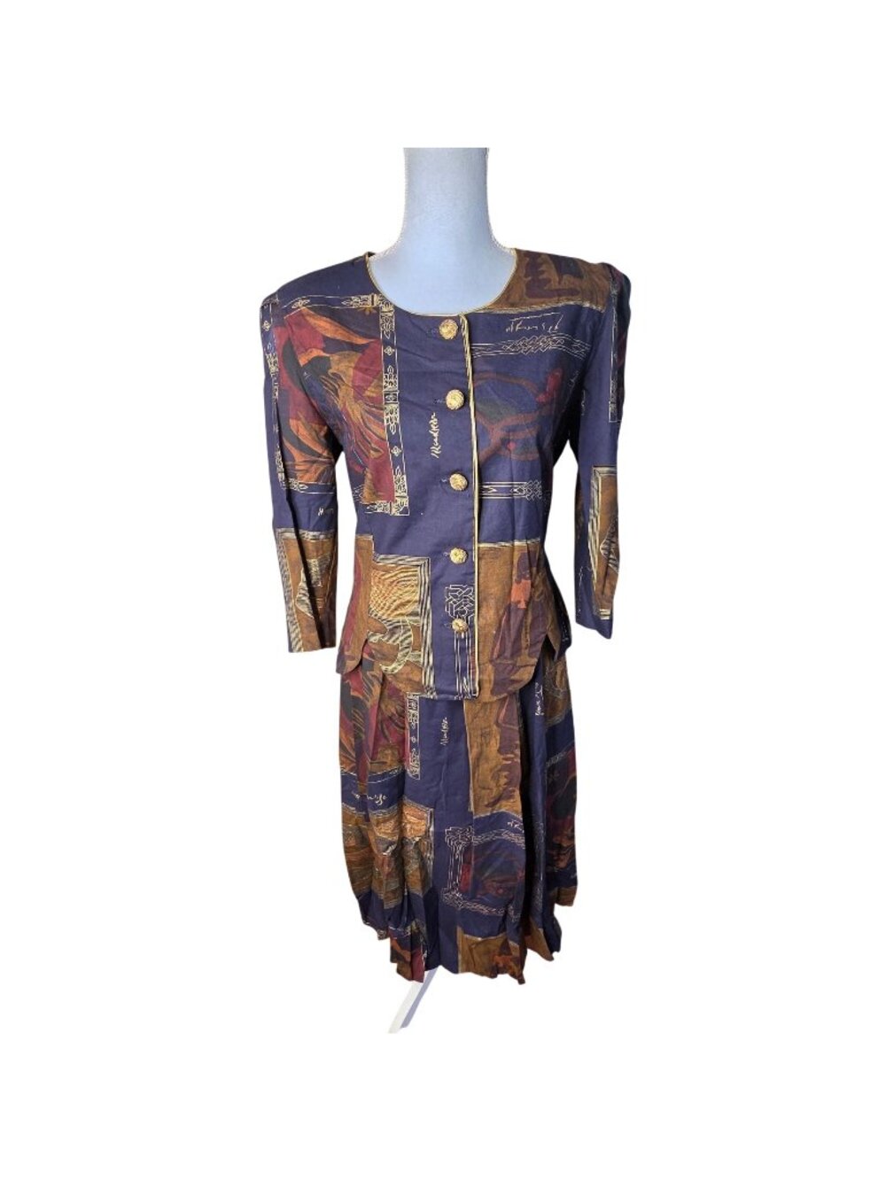 Vintage 90s Egyptian Print Rayon 2 Piece Skirt Set Top Boho Whimsigoth Sz 10